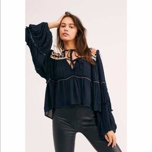 Free People In Vivid Color Embroidered Floral Top Blouse Boho Womens XL